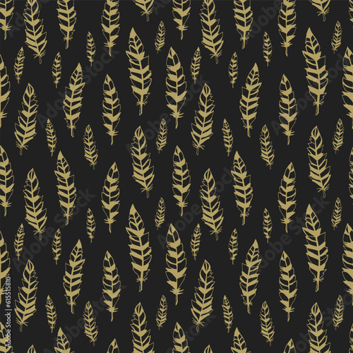 Dark and gold seamless pattern with feathers. Feathers pattern.  feather vector   bird pattern. Vector design element.