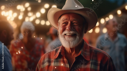 Foto portrait of an elderly cowboy at a fun celebration party with fireworks at night