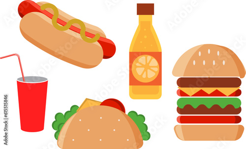 Fast food icons set. Junk food. Set of colorful fast food icons isolated on white background.