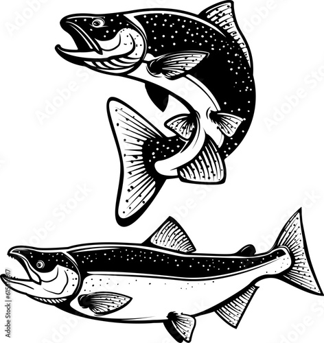 Salmon silhouettes. Fresh seafood. Salmon fishing.  Design element for logo, label, emblem, sign. Vector illustration.