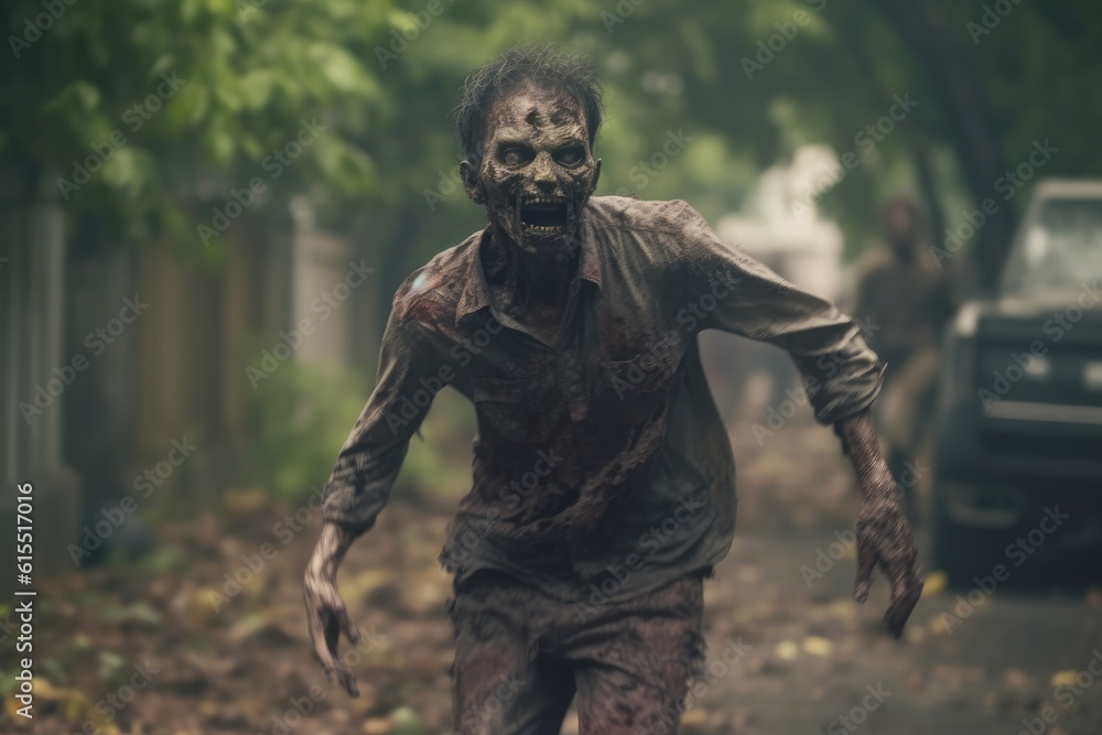 Scary Dead Zombie Running Toward the Camera Outdoors generative AI Scary Dead Zombie Running Toward the Camera Outdoors generative AI