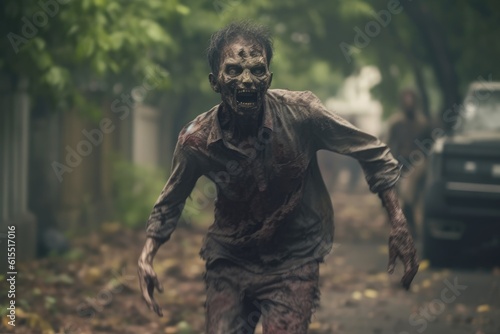 Scary Dead Zombie Running Toward the Camera Outdoors generative AI