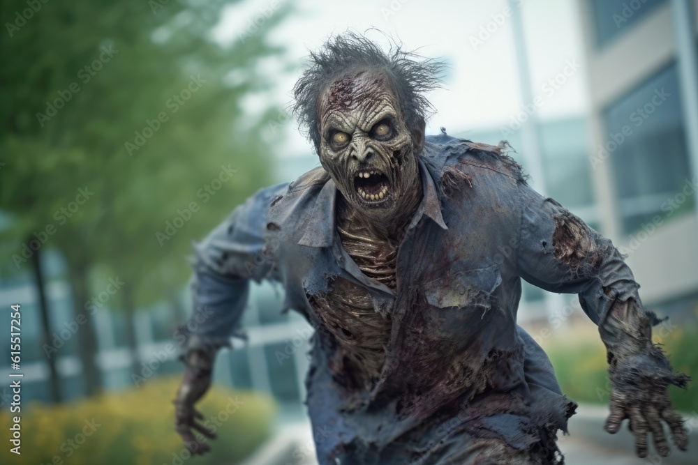 Scary Dead Zombie Running Toward the Camera Outdoors generative AI