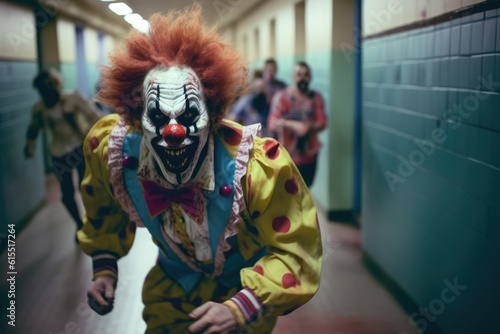 Clown Zombie Running in Hospital Corridor generative AI © Ecleposs