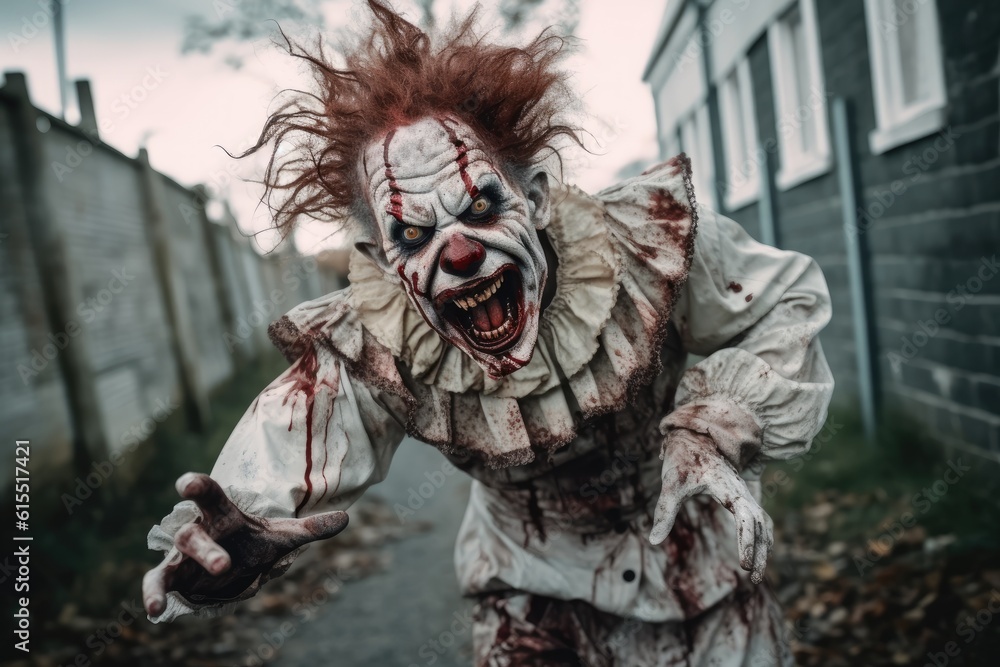 Clown Zombie Charging at the Lens in Dim Lighting generative AI Clown Zombie Charging at the Lens in Dim Lighting generative AI