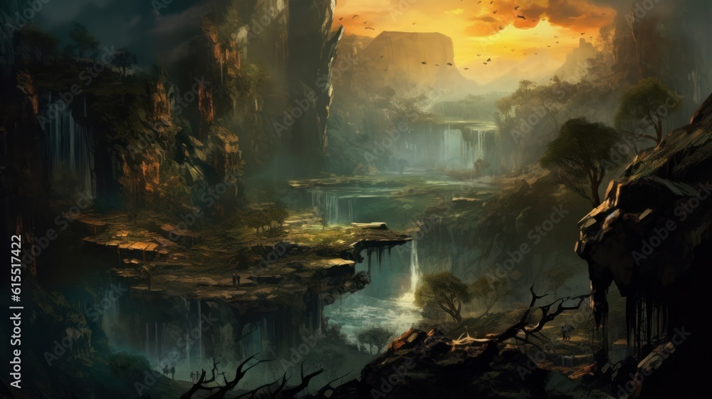 Fototapeta premium Game art piece that depicts a pivotal moment in the middle of an epic journey
