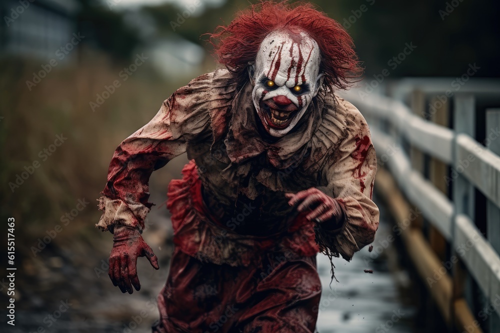 Clown Zombie Charging at the Lens in Dim Lighting generative AI Clown Zombie Charging at the Lens in Dim Lighting generative AI