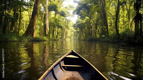 Sailing in a boat through the flooded forest in Amazon