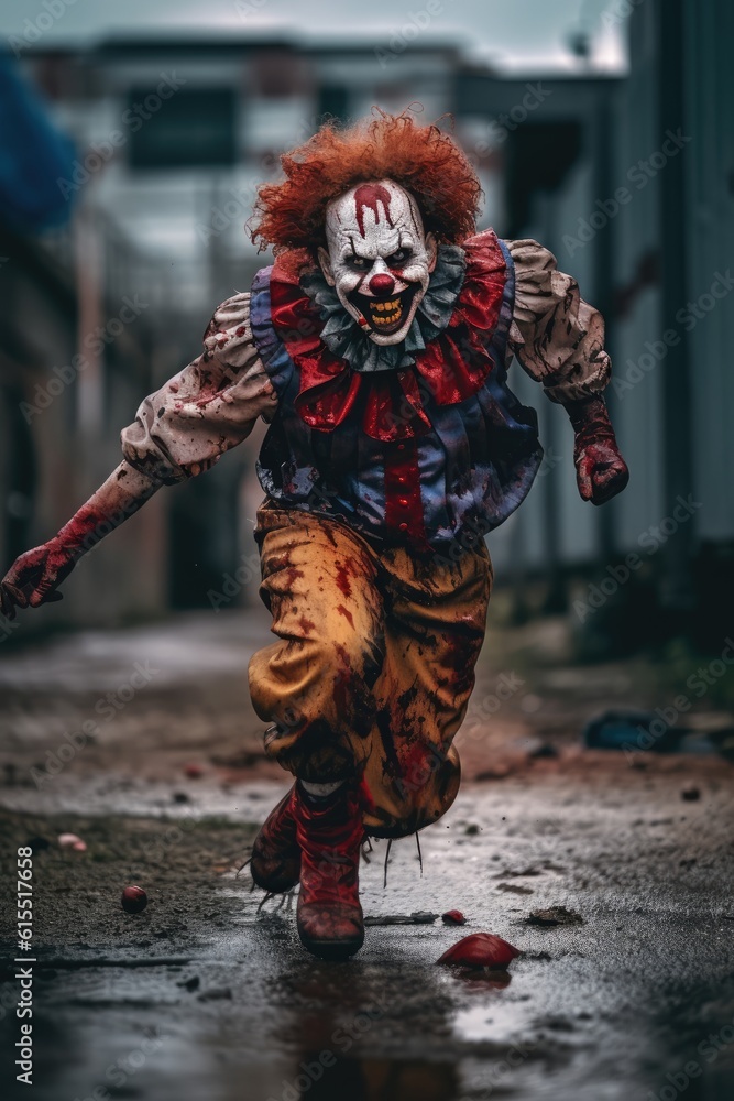 Clown Zombie Charging at the Lens in Dim Lighting generative AI