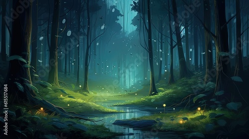 Fireflies in the night forest