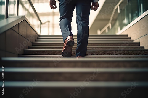 Elevating Success Close-up of Young Businessman Sprinting Up Stairs in Office. created with Generative AI