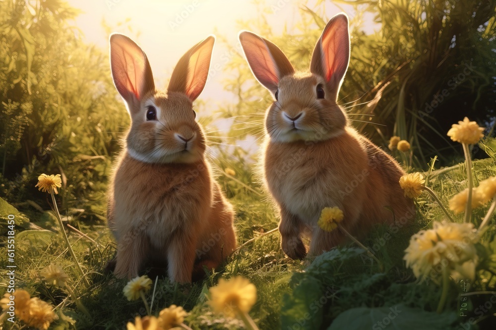 Two rabbits seats on green grass. Easter bunny. Generative ai image. Two rabbits seats on green grass. Easter bunny. Generative ai image.