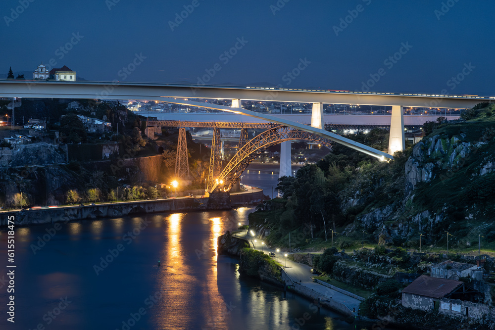 View at night of bridges over Douro River