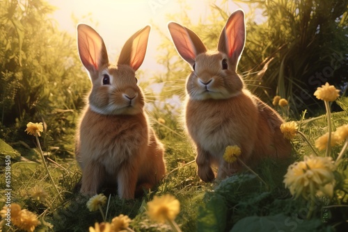 Two rabbits seats on green grass. Easter bunny. Generative ai image.