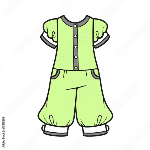 Elegant jumpsuit with puffed sleeves and cuffs color variation for coloring page on a white background