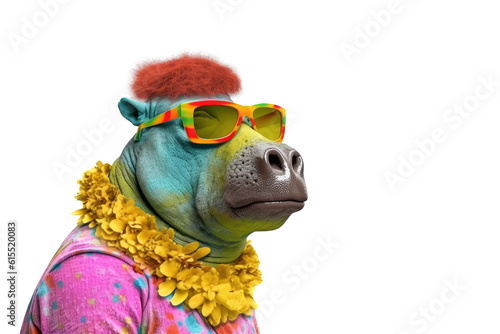 Abstract animal Hippopotamus portrait with colorful Afro hairs wearing sunglasses in Hawaii dress theme isolated on clean png background, with Generative AI. photo