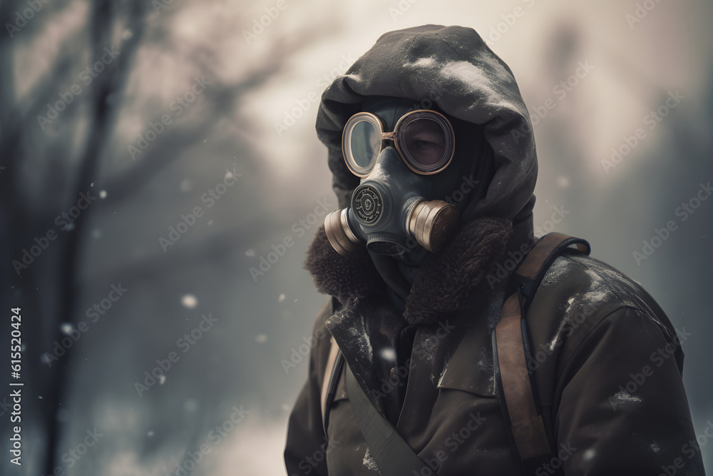 Generative ai nuclear winter and atomic explosion consequences. Man in gas mask Generative ai nuclear winter and atomic explosion consequences. Man in gas mask