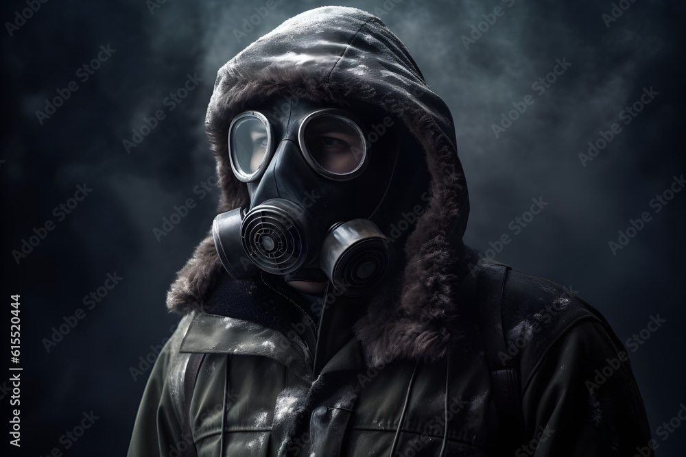 Generative ai nuclear winter and atomic explosion consequences. Man in gas mask Generative ai nuclear winter and atomic explosion consequences. Man in gas mask