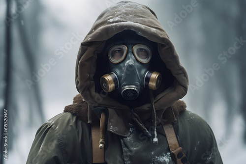 Generative ai nuclear winter and atomic explosion consequences. Man in gas mask