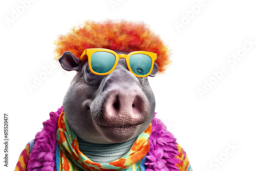 Abstract animal Hippopotamus portrait with colorful Afro hairs wearing sunglasses in Hawaii dress theme isolated on clean png background, with Generative AI. © TANATPON