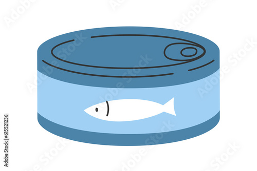 Canned fish food. Flat cartoon style vector illustration isolated on white background.