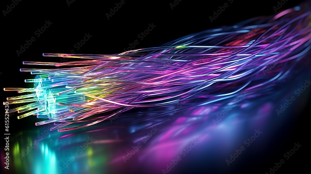 Fiber optic network with high-speed data connection cable, showcasing advanced technology on a vibrant background.
