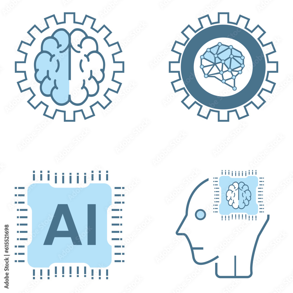 Set of 4 AI icons, symbols. Set of Four Artificial intelligence lined symbol blue, cybernetic, ai, head, technology vector, illustration design Set of 4 AI icons, symbols. Set of Four Artificial intelligence lined symbol blue, cybernetic, ai, head, technology vector, illustration design