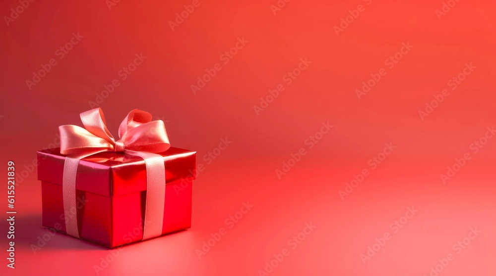 Red gift box on red background with copy space. Generative AI. Red gift box on red background with copy space. Generative AI.