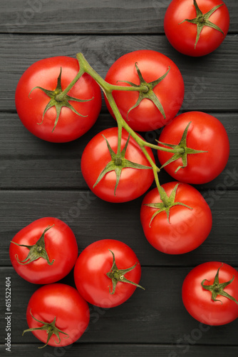 Bunch of fresh tomatoes on black background. Harvesting tomatoes. Space for text