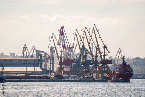 Container terminal, with cranes, in a commercial port