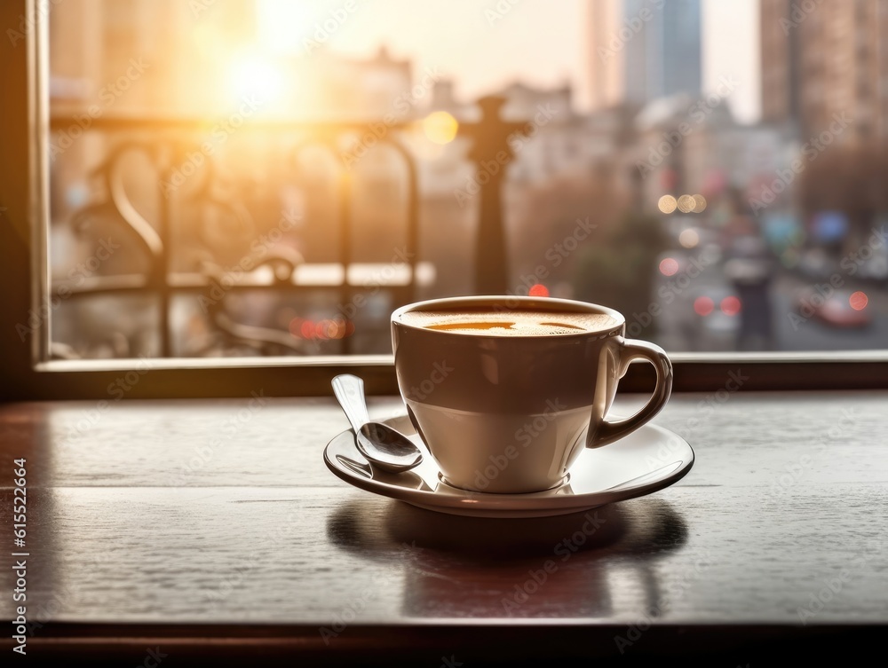 A cup of coffee on a wooden table against the window in the morning, in the style of captivating cityscapes. Generative AI