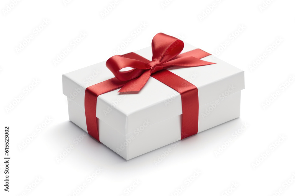 White gift box with red ribbon on white background Generative AI White gift box with red ribbon on white background Generative AI
