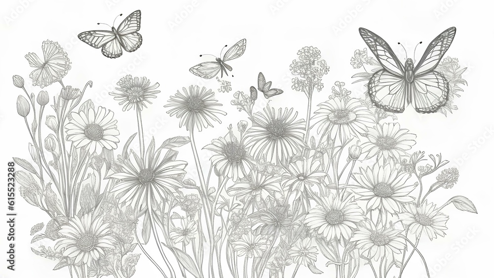 set of black and white flowers generated by Ai