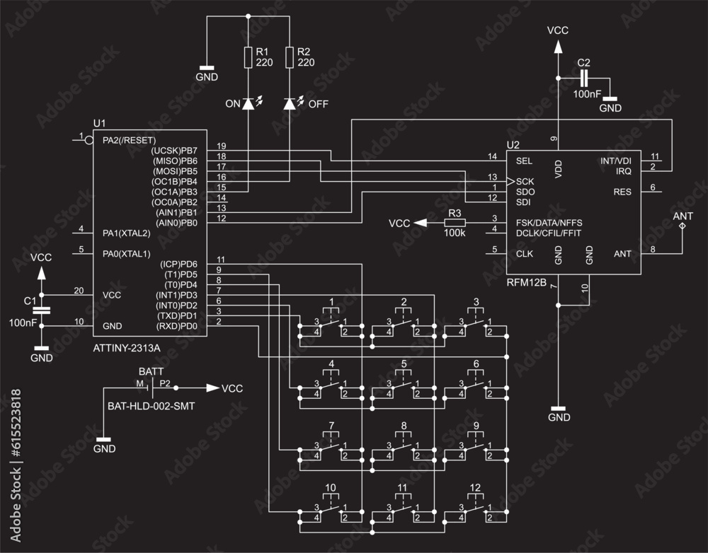 Connection of keyboard, led to the microcontroller. 
Vector electrical
schematic diagram of device of data input
by pressing buttons. Electric background.
Pattern of electronic components, conductors.