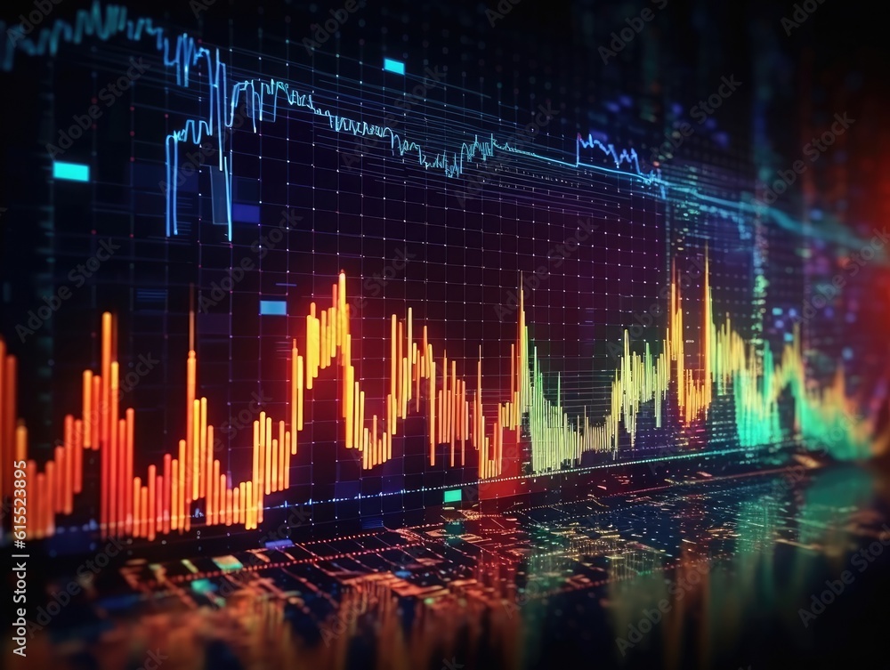 Economic and stock market chart lines financial graph on a technology abstract background, trading market concept. Generative AI Economic and stock market chart lines financial graph on a technology abstract background, trading market concept. Generative AI