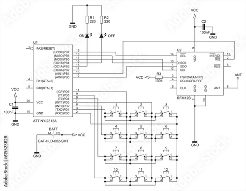 Connection of keyboard, led to the microcontroller. 
Vector electrical
schematic diagram of device of data input
by pressing buttons. Electric background.
Pattern of electronic components, conductors.