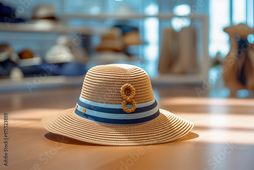 Summer woman`s hat on the table in the clothing store. Super photo realistic background. Generative ai illustration