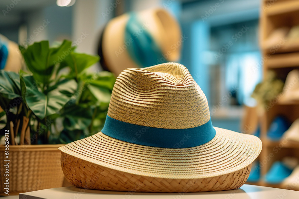 Summer woman`s hat on the table in the clothing store. Super photo realistic background. Generative ai illustration