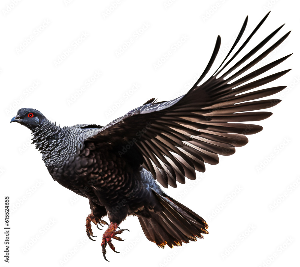 Obraz premium Flying capercaillie isolated on the transparent background PNG. AI generative. 