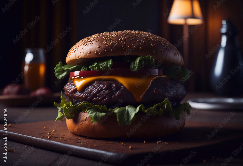 fresh tasty burger on wood table - obrazy, fototapety, plakaty 