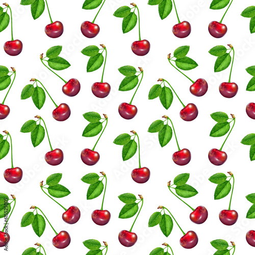Illustration realism seamless pattern berry vinous cherry with green leaf on a white isolated background. High quality illustration