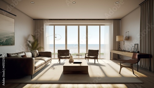 Living room with sea view. 3d rendering