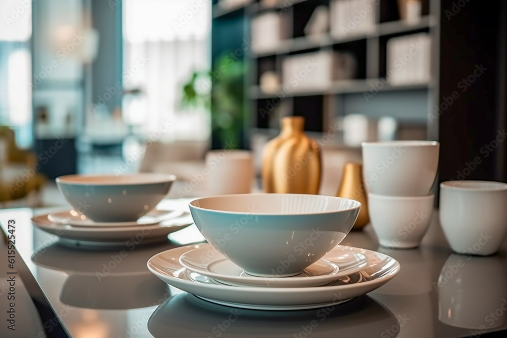 Ceramic dishes on the table in the store. Super photo realistic background, generative ai 3d illustration Ceramic dishes on the table in the store. Super photo realistic background, generative ai 3d illustration