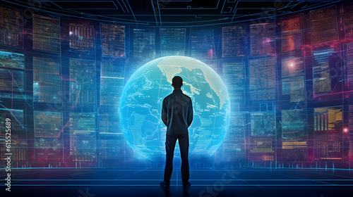 Silhouette of a businessman standing in front of a hologram of the planet.Created with Generative AI technology.