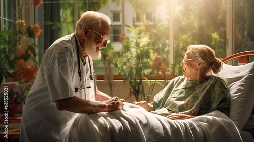 An elderly male doctor holds the hand of an elderly woman in a medical room.Created with Generative AI technology. photo