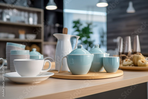 Ceramic dishes on the table in the store. Super photo realistic background  generative ai 3d illustration