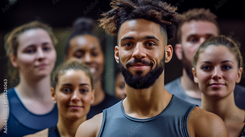 Young man standing in front of group of people at gym indoors. Created with Generative AI technology.