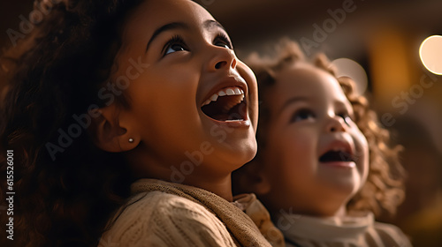 Two little girls laughing looking up.Created with Generative AI technology. photo
