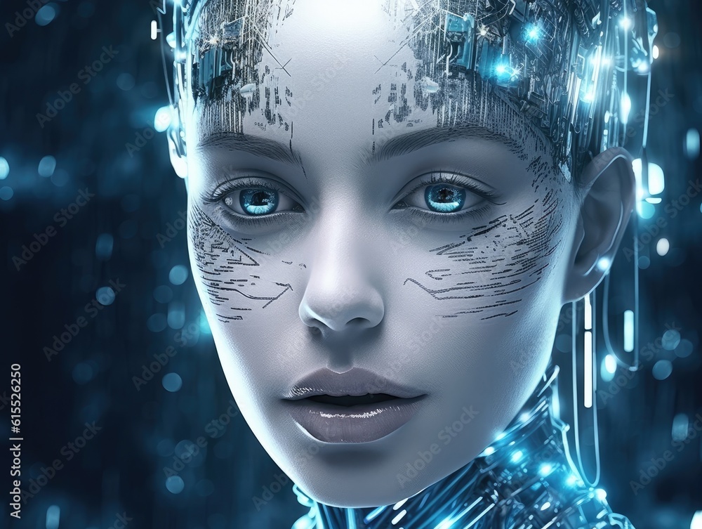 A female artificial intelligence android head, face like human woman, on a black background. Generative AI A female artificial intelligence android head, face like human woman, on a black background. Generative AI