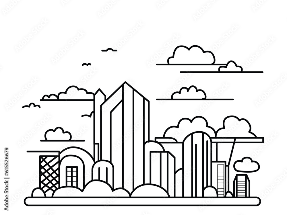 Obraz premium urban landscape template thin line urban landscape City center landscape with tall skyscrapers Panoramic architecture, government buildings, isolated illustration.